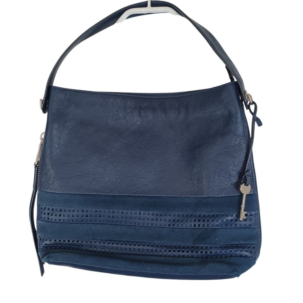 Fossil Bag Navy Blue‎ Leather and Suede Zip Top Hobo Shoulder Bucket Bag